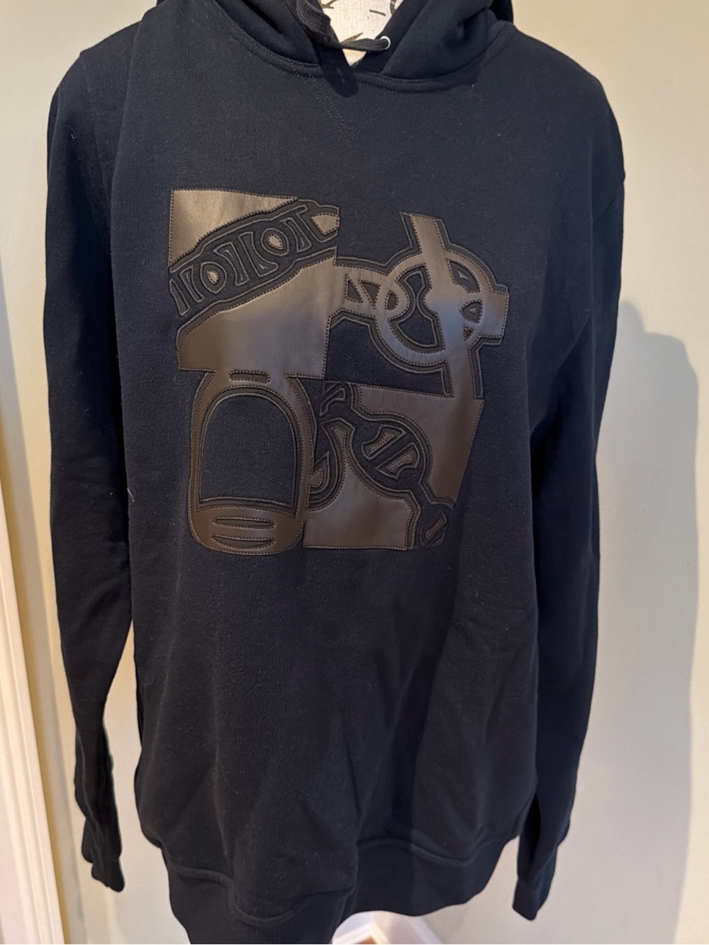 NWT Hermes Black Hoodie with Leather Appliqué